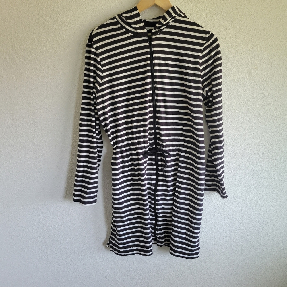 Lands End Drawstring Waist Striped Tunic Dress Zip Hooded Swim Cover Size L